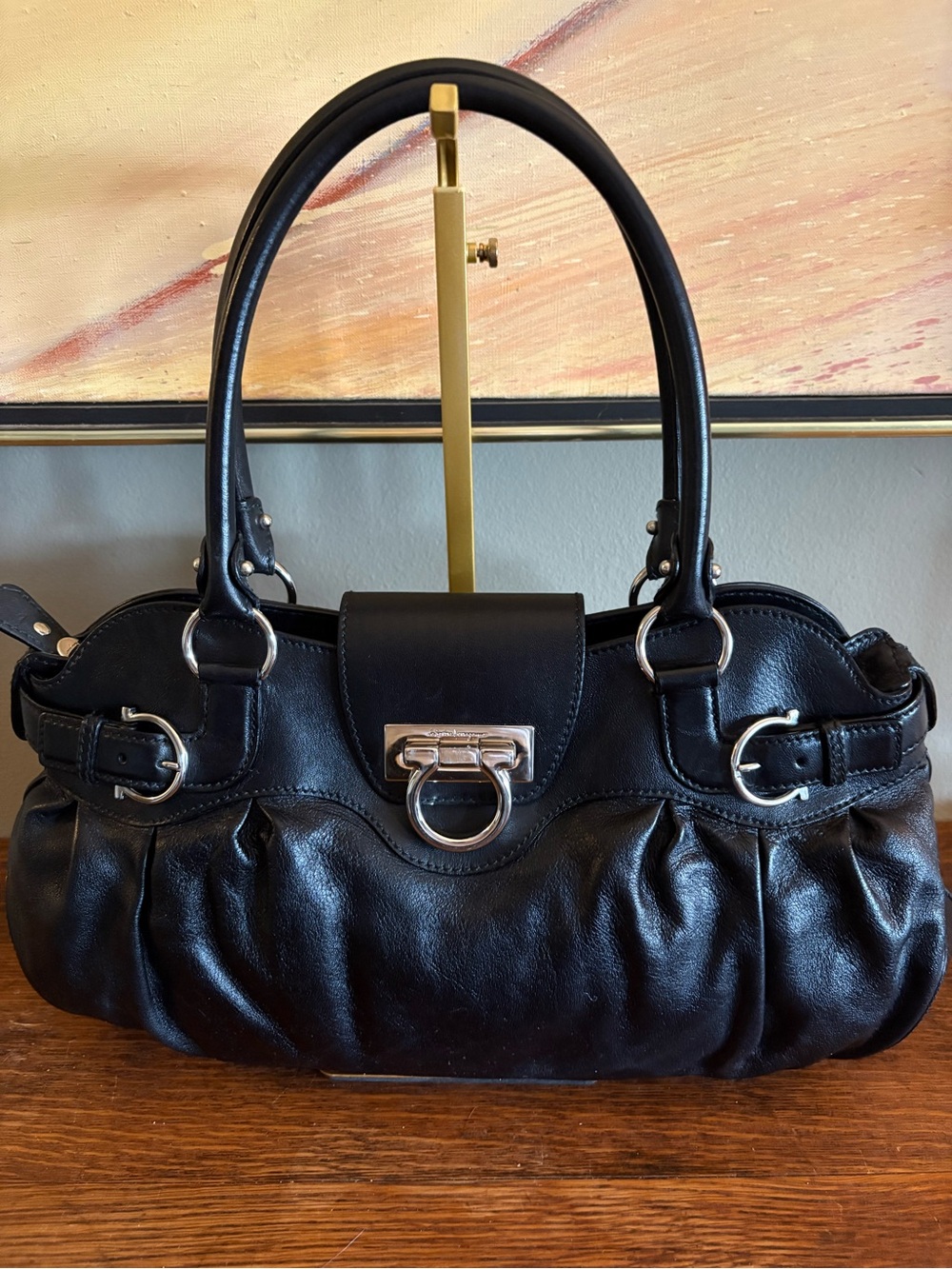 Salvatore Ferragamo Large Black Leather Marisa Shoulder Bag - Authentic CoA